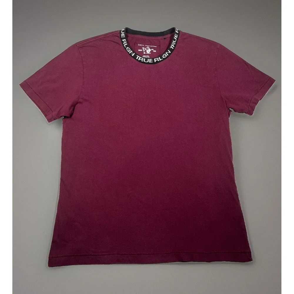 True Religion Mens T Shirt Size L Large Maroon Red Jacquard Rib Logo Collar Crew